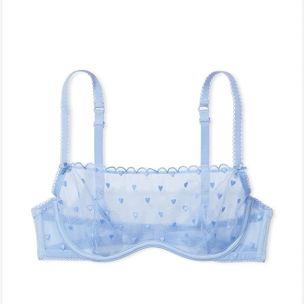 Victoria's Secret PINK Blue Wired Ultimate Sheer Heart Embroidery Lace Bra Sz XL